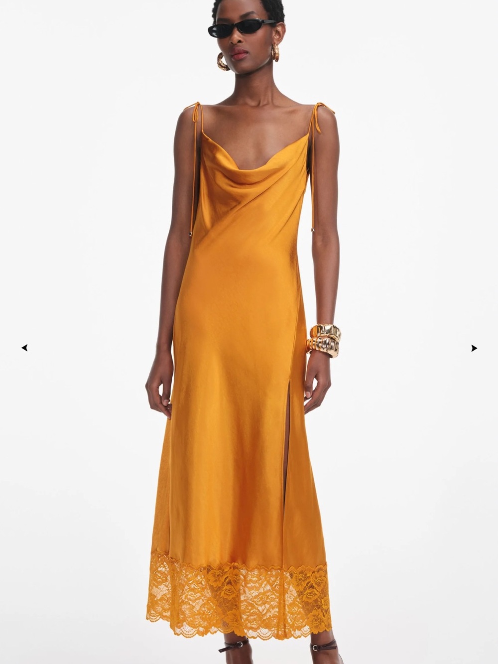 Self-Portrait Mustard Satin Cowl Slip Maxi Dress with Lace Hem